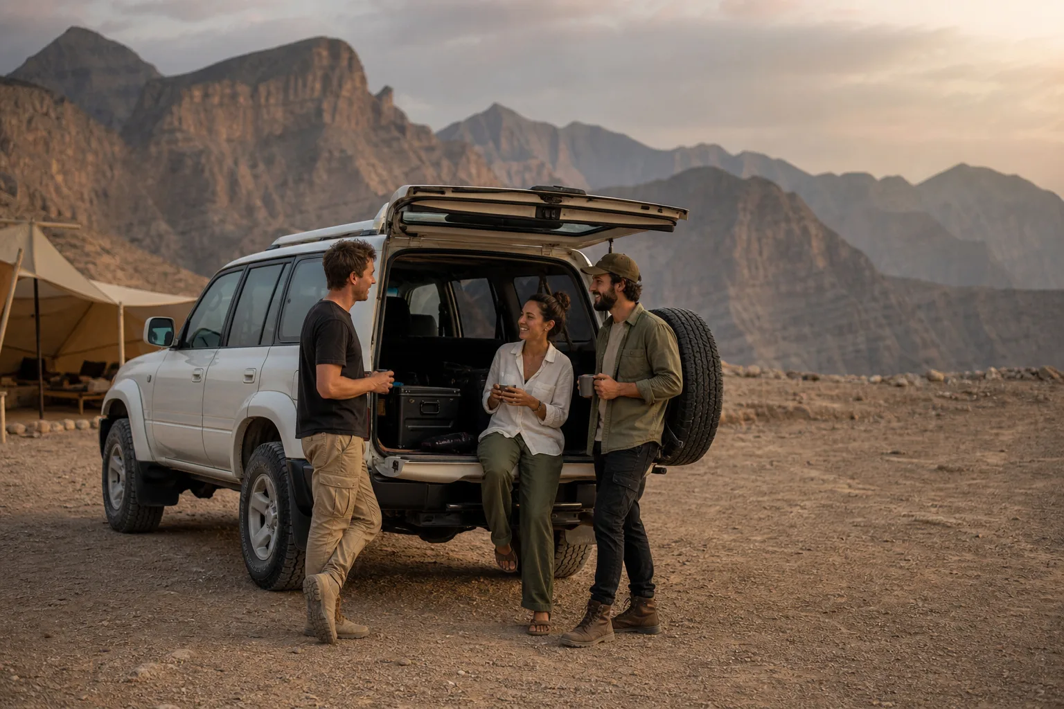 Small group next to an off-road during a road trip in Oman