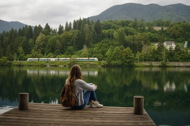 Traveller sitting near an alpine lake on a slow trip to Slovenia