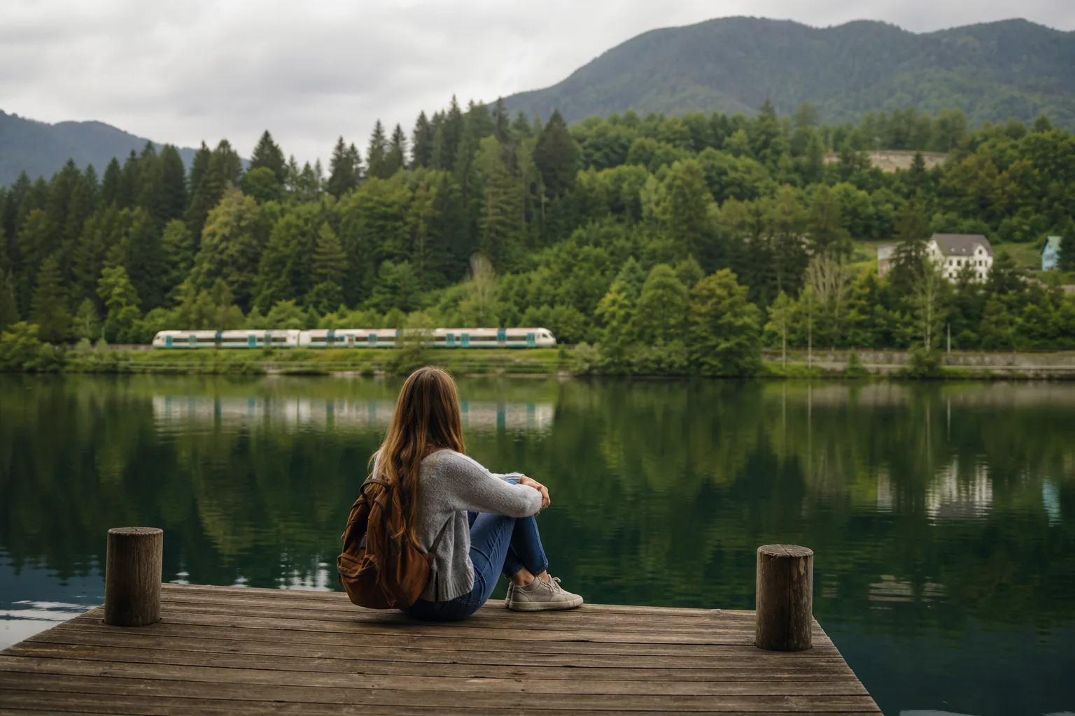 Traveller sitting near an alpine lake on a slow trip to Slovenia