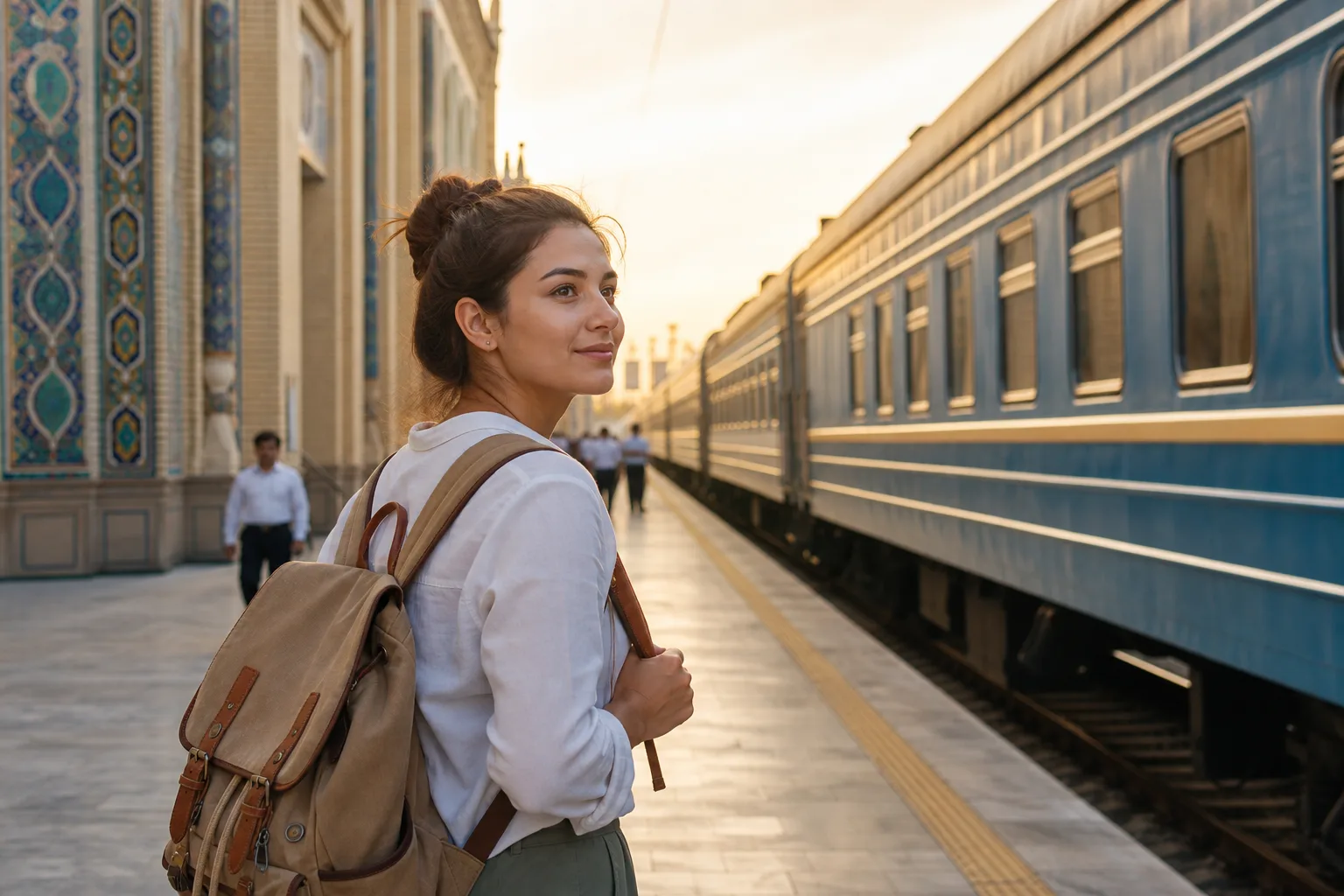 Traveller on the track in front of a train on a trip to Uzbekistan